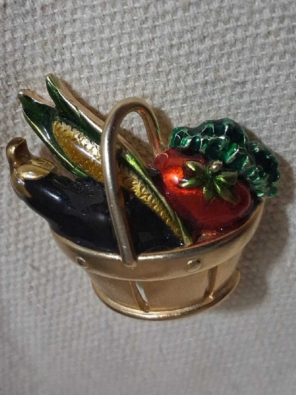 Fall Harvest Gold Basket of  Fruit Enamel Brooch Green and Red